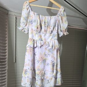 Floral Puff-Sleeve Peplum Mini Dress in Pastel Floral